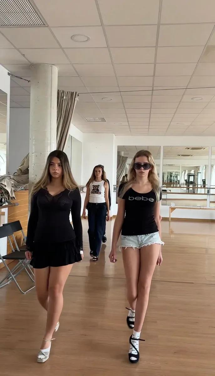 Students practising catwalk walking in a class at Be Your Best Academy, Marbella.